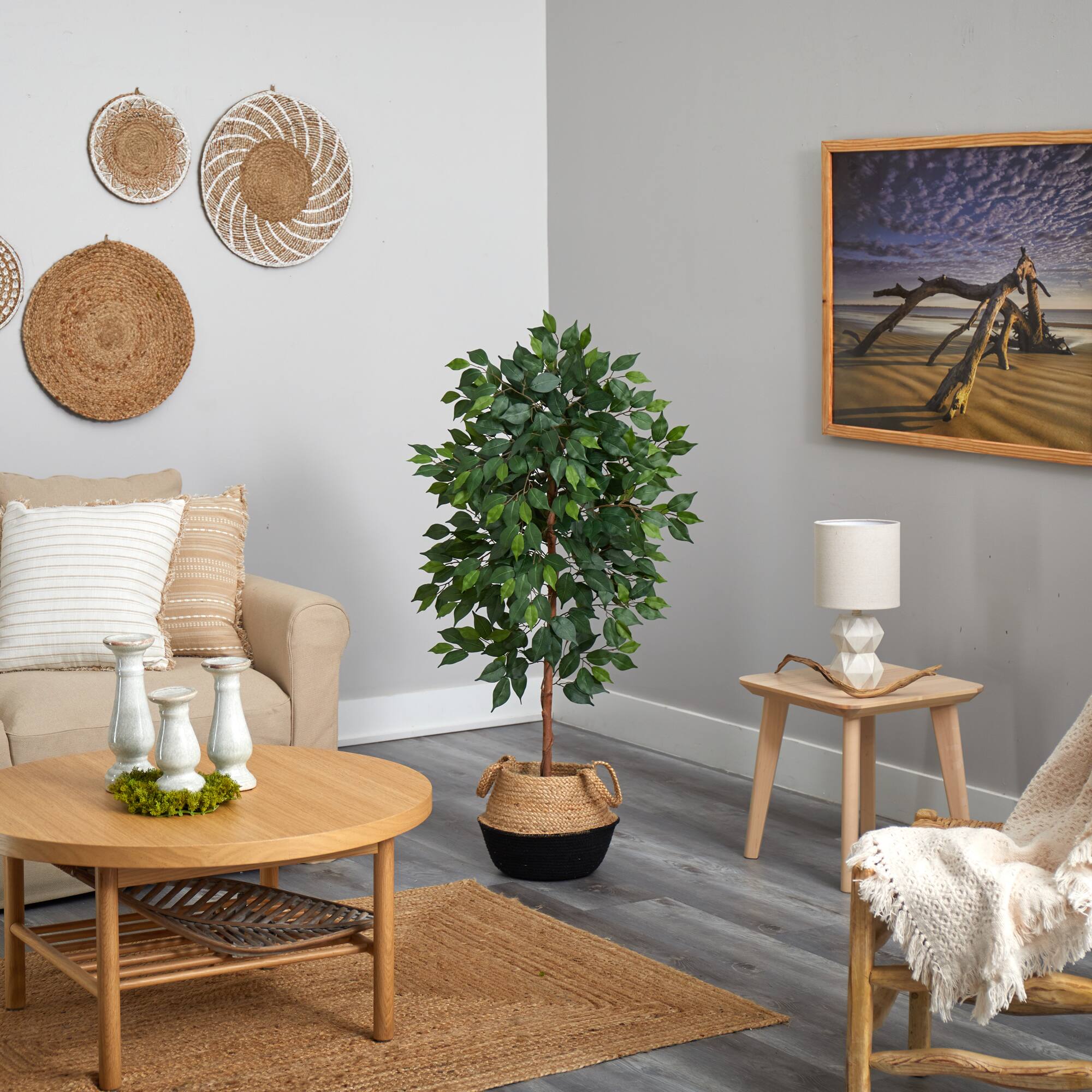 4ft. Ficus Artificial Tree in Boho Chic Handmade Cotton & Jute Black Woven Planter